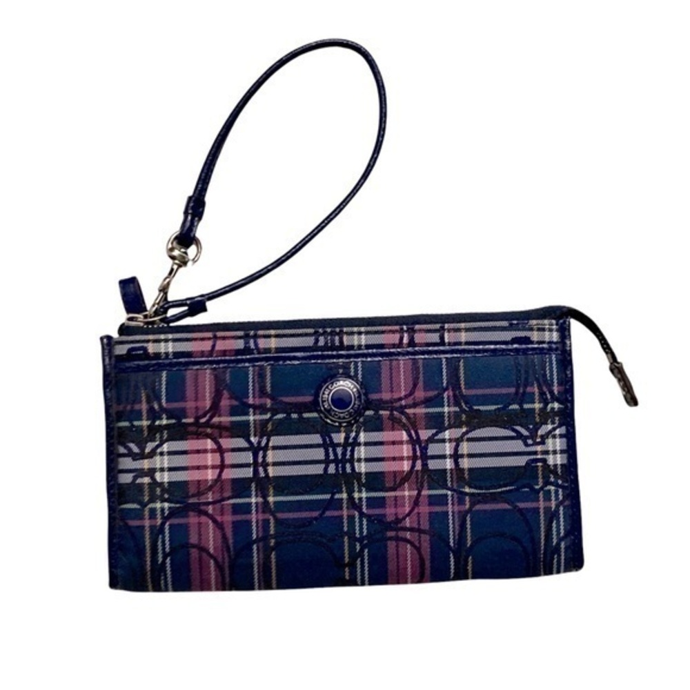 Coach purple pink plaid large wristlet bag